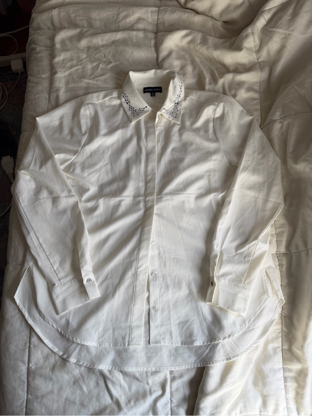 Modern works white satin embellished collar officewear preppy button down shirt